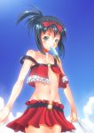  bag bare_shoulders black_hair blue_eyes cloud clouds flat_chest kunihiro_hajime lamp_studio midriff navel ponytail popsicle popsicles saki shopping_bag short_hair sky star thigh-highs thighhighs un4lord 