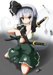  airsoft artist_request browning_hi-power dual_wielding green_eyes gun hair_ribbon hairband handgun hitodama kneeling konpaku_youmu konpaku_youmu_(ghost) puffy_sleeves ribbon s&amp;w_m59 short_hair short_sleeves silver_hair solo sword tear_gas touhou trigger_discipline weapon 