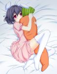  animal_ears black_hair blush bunny_ears carrot hug inaba_tewi lying noumin pillow puffy_sleeves rabbit_ears red_eyes short_hair short_sleeves solo thigh-highs thighhighs touhou white_legwear 