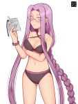  1girl bikini book bracelet braid breasts cleavage criss-cross_halter fate/hollow_ataraxia fate/stay_night fate_(series) glasses halter_top halterneck highres jewelry kurarin large_breasts long_hair medusa_(fate)_(all) navel purple_eyes purple_hair reading rider shiny shiny_skin single_braid solo swimsuit very_long_hair violet_eyes 