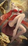  1girl akaikitsune bare_legs bare_shoulders barefoot blonde_hair breasts byunei elf fingernails highres japanese_clothes legs long_hair pointy_ears red_nails romancing_saga_3 saga snake 