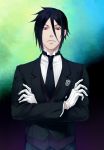  black_hair crossed_arms formal gloves highres kuroshitsuji male neopara red_eyes sebastian_michaelis smirk solo suit white_gloves 