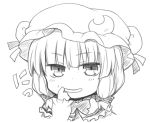  hat monochrome patchouli_knowledge rock_heart simple_background smile solo touhou white_background 