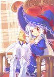  chair cup dress hair_ribbon hat hat_ribbon hira_(pixiv) holding long_hair looking_at_viewer original pantyhose red_eyes ribbon sandwich silver_hair sitting smile solo teacup white_legwear witch_hat 