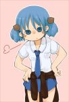  &gt;:( 1girl :t annoyed blue_eyes blue_hair clothes_around_waist hair_cubes hair_ornament looking_at_viewer masha naganohara_mio necktie nichijou pout short_hair short_twintails skirt solo twintails 