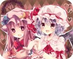 ascot bat_wings blue_hair blush bow crescent hair_bow hat hat_ribbon heart long_hair long_sleeves multiple_girls open_mouth patchouli_knowledge pink_hair puffy_sleeves purple_eyes red_eyes remilia_scarlet renka913 ribbon short_hair short_sleeves touhou violet_eyes wings wrist_cuffs 