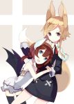  animal_ears bare_shoulders blonde_hair blue_eyes copyright_request demon_wings fang fox_ears fox_tail hand_holding holding_hands horns hug looking_at_viewer low_twintails mazonano multiple_girls original payot purple_eyes red_hair redhead tail thigh-highs thighhighs violet_eyes wings zettai_ryouiki 