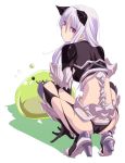  1girl :3 animal_ears arm_support armor ass bikini_armor cat_ears extra_ears from_behind guillotine_cross high_heels kataasa-ko lips long_hair looking_at_viewer looking_back mr.romance poporing ragnarok_online red_eyes shoes simple_background slime squatting white_hair 