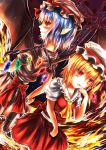  2girls absurdres back-to-back bat_wings blonde_hair blue_hair bow cross dutch_angle facing_away fang fiery_background finger_to_mouth fire flandre_scarlet hat hat_ribbon highres looking_at_viewer mob_cap multiple_girls open_mouth p-yama pointy_ears red_eyes remilia_scarlet ribbon short_hair short_sleeves siblings sisters slit_pupils smirk sparkle touhou wings 