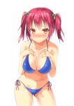  alexmaster bad_id bikini blush breast_suppress breasts cleavage collarbone highres original red_eyes red_hair redhead side-tie_bikini simple_background smile solo swimsuit twintails white_background 