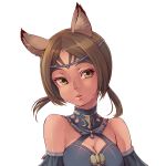  bare_shoulders breasts brown_hair bust cleavage face facial_mark final_fantasy final_fantasy_xi forehead_mark headband lips mithra short_hair short_twintails slit_pupils solo takatsuki_kahiro twintails white_background 