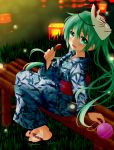  alternate_costume bench blush candy daiyousei food fruit green_eyes green_hair hatsune_miku highres japanese_clothes long_hair long_sleeves obi open_mouth side_ponytail sitting solo strawberry terun touhou vocaloid wide_sleeves 