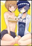  bikini blue_eyes blue_hair breasts brown_eyes brown_hair cabbie_hat cleavage hair_between_eyes hat hips kuma kuma_(persona_4) labcoat mokujinn multiple_girls one-piece_swimsuit persona persona_4 satonaka_chie school_swimsuit seiza shirogane_naoto short_hair sitting straight_hair swimsuit thighs tomboy wavy_hair 