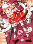  ascot bag bed bedroom blonde_hair bow cake checkered checkered_floor flandre_scarlet food frills hat hat_bow kurume_shou laevatein looking_at_viewer mary_janes panties pillow plate puffy_sleeves red_eyes shoes short_hair short_sleeves side_ponytail sitting smile solo striped striped_panties stuffed_animal stuffed_toy thigh-highs thighhighs touhou umbrella underwear weapon wrist_cuffs 