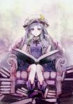  bare_legs book childofa couch crescent gloves hat long_hair looking_at_viewer open_book patchouli_knowledge purple_eyes purple_hair sitting solo touhou very_long_hair violet_eyes 
