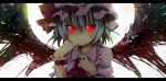  ascot blue_hair glowing glowing_eyes hand_on_own_cheek hat hat_ribbon hinase_haruka letterboxed looking_at_viewer red_eyes remilia_scarlet ribbon short_sleeves smile solo touhou wings wrist_cuffs wristband 