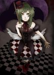  1girl aq-l7 bare_shoulders blood bow carnival_(vocaloid) checkered checkered_floor checkered_skirt frills green_eyes green_hair gumi hat low_wings mini_top_hat off_shoulder short_hair sidelocks skirt smile solo top_hat umbrella vocaloid white_wings wings 