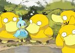  confused drawr ducklett grass nature no_humans plant pokemon pokemon_(creature) psyduck river shouji_ni_nanshi water 