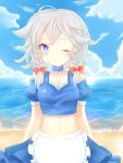  ;o ahoge ajiriko apron arms_behind_back bad_id bangs bare_shoulders beach blue_eyes blush bow braid breasts choker cleavage cleavahe cloud clouds collarbone crop_top detached_sleeves frills hair_bow izayoi_sakuya lace lounadellasera messy_hair midriff navel ocean open_mouth outdoors puffy_sleeves short_hair side_braid silver_hair skirt sky solo touhou twin_braids waist_apron water wink 