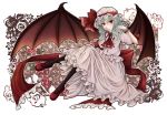  akatuki_taku ascot black_legwear blouse blue_hair bow crossed_legs hat legs_crossed looking_at_viewer mary_janes obi open_mouth pantyhose red_eyes remilia_scarlet shoes sitting skirt skirt_set smile solo touhou wings wrist_cuffs wristband 