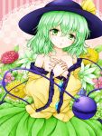  1girl bare_shoulders collarbone doily eyelashes floral_background flower_request frown green_eyes green_hair hands_on_own_chest hands_together hat hat_ribbon highres komeiji_koishi leaning_over looking_at_viewer neko_mata ribbon short_hair skirt solo striped striped_background third_eye touhou 