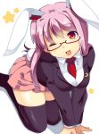  1girl ;d all_fours animal_ears bespectacled black_legwear blush bunny_ears bunny_tail glasses long_hair matatabi_maru necktie open_mouth pink_hair rabbit_ears red-framed_glasses red_eyes reisen_udongein_inaba simple_background skirt smile solo star tail thighhighs touhou white_background wink zettai_ryouiki 