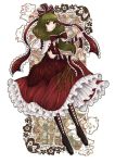  akatuki_taku arm_ribbon boots bow cross-laced_footwear dress frilled_dress frills front_ponytail green_eyes green_hair hair_bow hair_ribbon kagiyama_hina long_hair red_dress ribbon smile solo touhou 