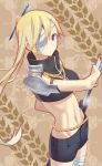  armor bandage_over_one_eye battlearena blonde_hair blue_eyes character_request copyright_request long_hair midriff short_shorts shorts solo sword weapon yunamul 