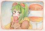  1girl bad_id border bus_stop covering_mouth goggles goggles_on_head green_eyes green_hair gumi mary_(jun&#039;ichi) mary_(jun'ichi) mittens scarf short_hair sign solo traditional_media vocaloid 