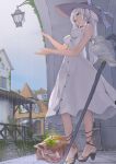  architecture bare_shoulders bird blue_eyes breasts building dress flower from_below hat high_heels highres long_hair mabinogi nao open_shoes owl pig ponytail rain sandals sleeping solo staff sun_hat sundress toro wet white_dress white_hair 