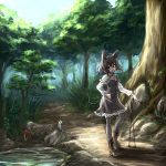 animal animal_ears capelet dowsing_rod grey_hair highres hima_(mizu_ni_tsuyoi) long_sleeves mouse mouse_ears mouse_tail nazrin open_mouth red_eyes short_hair solo tail touhou tree 