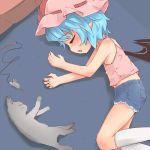  alternate_costume bat_wings blue_hair camisole cat closed_eyes cutoffs denim denim_shorts eyes_closed flat_chest lying madhand midriff on_floor on_side pointy_ears remilia_scarlet short_hair shorts sleeping solo touhou toy_mouse wings 