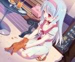  :d animal bag bench blue_hair blush cat dress feet food glass gloves hairband long_hair open_mouth original plate red_eyes ribbon_choker sign smile solo squatting toes zpolice 