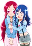  ;d arm_around_shoulder blazer blue_eyes blue_hair casual collarbone dress female hair_down hanasaki_tsubomi heartcatch_precure! jewelry kurumi_erika locket long_hair midriff multiple_girls navel open_mouth pendant pink_eyes pink_hair precure ripo_d shorts smile suspenders thigh-highs thighhighs wink zettai_ryouiki 