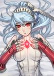  android blue_hair breasts headphones heart labrys long_hair lying persona persona_4:_the_ultimate_in_mayonaka_arena robot_joints speh 