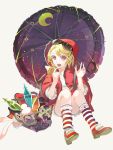  1ten alternate_costume alternate_hairstyle bag blonde_hair crescent flandre_scarlet food hair_ornament hairpin highres holding hoodie ice_cream looking_at_viewer open_mouth red_eyes short_hair simple_background sitting skirt solo star striped striped_legwear striped_socks sunglasses sunglasses_on_head touhou umbrella white_background 