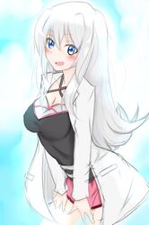  1girl blue_eyes blush breasts cleavage highres large_breasts long_hair looking_at_viewer open_mouth ore_twintail_ni_narimasu silver_hair solo twoearle very_long_hair 