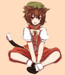  animal_ears blush brown_hair cat_ears cat_tail chen earrings fang hat inazakura00 jewelry open_mouth orange_eyes puffy_sleeves short_hair short_sleeves sitting solo tail touhou 