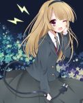  blonde_hair blush fang hairband kzom long_hair long_sleeves necktie open_mouth original plug red_eyes solo star tail wink 
