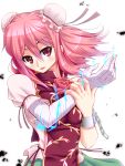  bandage bandages blush chain chains chinese_clothes cuffs double_bun electricity flower fumizuki_homura highres ibaraki_kasen open_mouth pink_eyes pink_hair puffy_sleeves rose short_hair short_sleeves solo touhou 