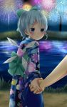  alternate_costume alternate_hairstyle blue_eyes blue_hair blush bow cirno detached_wings fireworks hair_bow hair_ornament hairpin hand_holding highres holding_hands ice ice_wings japanese_clothes long_sleeves mutsumi326 ponytail short_hair solo touhou wide_sleeves wings 