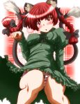  animal_ears blush bow braid cat_ears cat_tail hair_bow harukahime highres kaenbyou_rin long_hair long_sleeves multiple_tails open_mouth panties puffy_sleeves red_eyes red_hair redhead solo striped striped_panties tail touhou twin_braids underwear zan_(harukahime) 