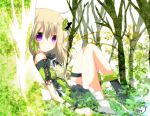  blonde_hair bow butterfly dress floral_background forest green hair_bow highres leaf long_hair nana_kusun nature original purple_eyes solo tree violet_eyes 