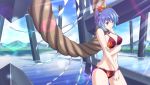  alternate_costume bikini blue_hair blush bracelet gradient_hair h-new hair_ornament hairband highres jewelry leaf maple_leaf multicolored_hair navel o-ring_bikini onbashira shimenawa short_hair solo sweat swimsuit touhou water yasaka_kanako 