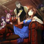  3girls ;) animal_ears aozaki_aoko assassin assassin_(fate/zero) bare_shoulders between_breasts black_skin blue_eyes bracelet breasts bridal_gauntlets brown_hair bunny_ears bunnysuit butler champagne choker cleavage company_connection couch dress drink fate/stay_night fate/zero fate_(series) glass gown hair_intakes highres jewelry large_breasts long_hair mahou_tsukai_no_yoru mask matou_sakura matou_zouken mini_hat multiple_boys multiple_girls official_art pantyhose purple_eyes purple_hair rabbit_ears reclining rider smile task_owner time_paradox true_assassin type-moon violet_eyes wink 