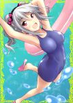  :d armpits arms_up idolmaster idolmaster_cinderella_girls kanzaki_ranko kirisaki_byakko one-piece_swimsuit open_mouth pink_eyes sandals school_swimsuit shell shell_bikini short_hair silver_hair smile solo swimsuit 