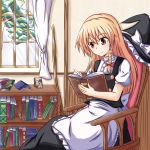  ass blonde_hair book bookshelf bow braid detached_sleeves fookun hair_bow hakurei_reimu hat hat_removed headwear_removed highres kirisame_marisa long_hair picture_(object) reading sitting smile solo touhou trembling window yellow_eyes 