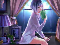  bird blue_eyes book duck glasses lamp male night no_pants petarou short_hair silver_hair sitting solo table utatane_piko vocaloid window 