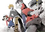  3boys backwards_hat baseball_cap black_hair brown_hair fingerless_gloves fumio_(kanmi) gloves gold_(pokemon) grey_skin grin hat hat_ribbon jacket kotone_(pokemon) multiple_boys ookido_green overalls pokemon pokemon_(game) pokemon_hgss red_(pokemon) ribbon short_hair smile thigh-highs thighhighs twintails white_legwear zettai_ryouiki 