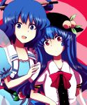  artist_request blue_eyes blue_hair bow food fruit hand_on_shoulder hat hinanawi_tenshi kaku_seiga long_hair looking_at_viewer multiple_girls peach puffy_sleeves red_eyes talk touhou vest 